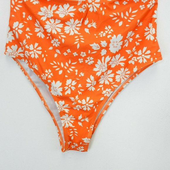Women's Orange One Piece Swimsuit SMALL Floral Strappy Draw-String‎ Cut Out - Picture 4 of 11